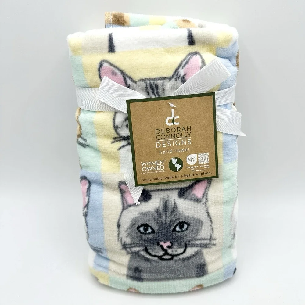 2 Deborah Connolly Designs Cat Portraits Hand Towel Colorful Cats NWT
